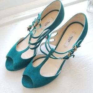 Prada Leather T-strap Open Toe Heels Teal